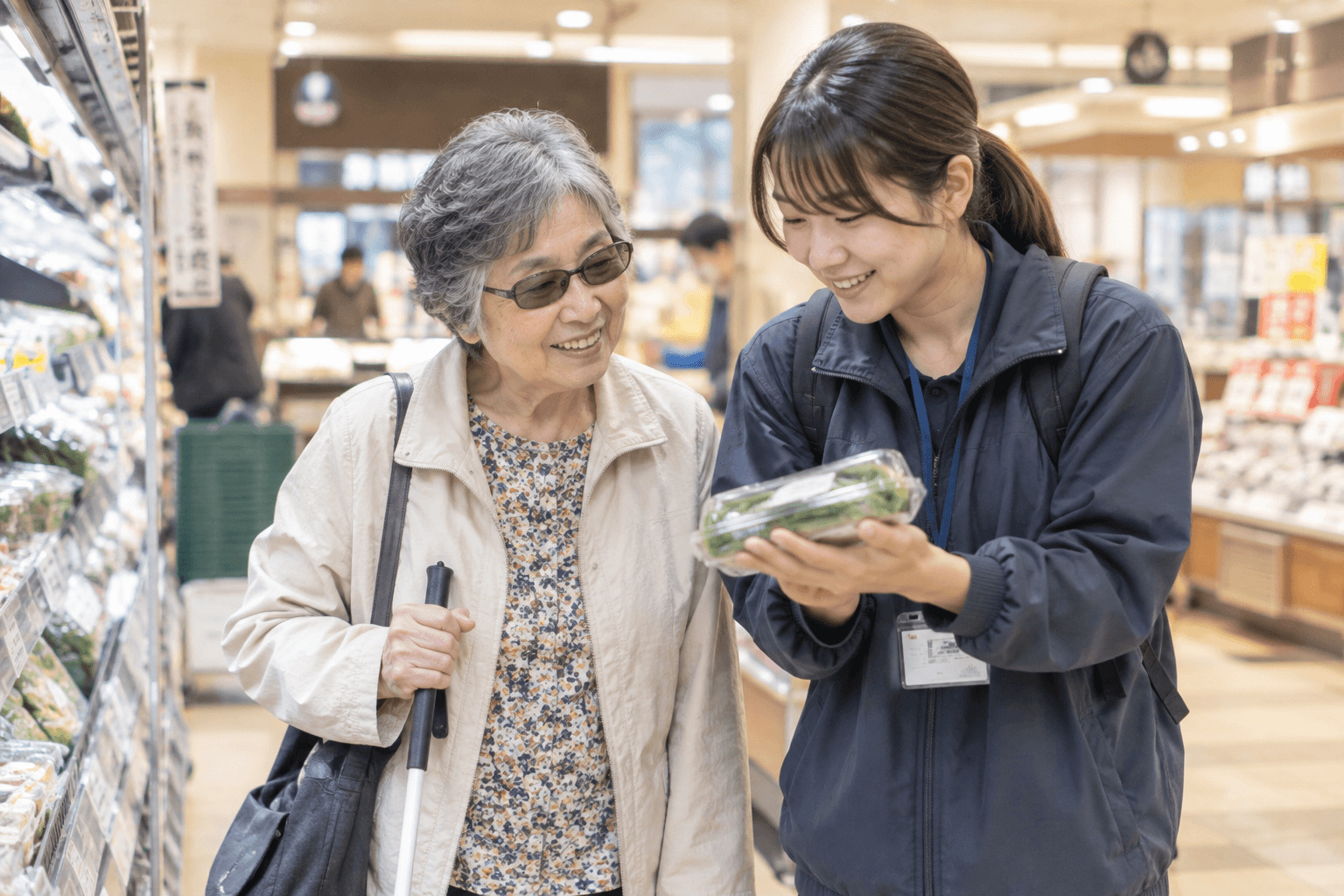 外出先で支援者が利用者に付き添い、買い物などをサポートしている様子